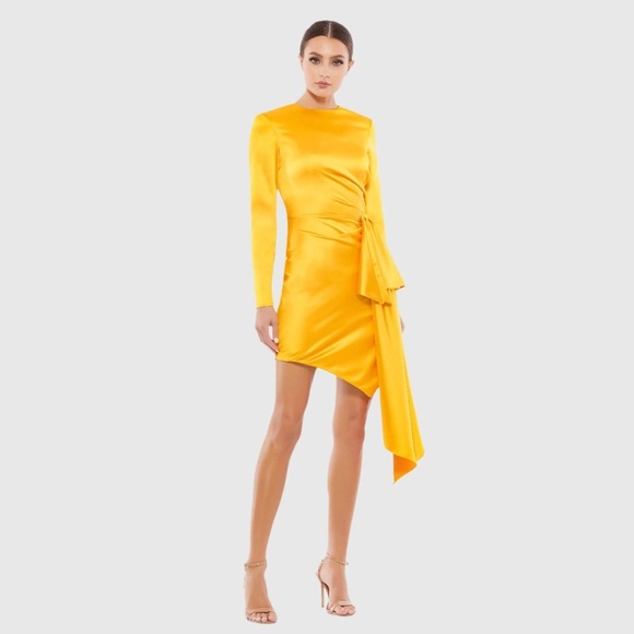 Mac Duggal 70152 NWOT Yellow Asymmetrical Draped Long Sleeve Mini Dress - Picture 1 of 6